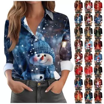 Женская рубашка-блузка с рождественским принтом и пуговицами, длинный рукав, повседневный базовый рубашечный воротник, обычный топ S синий