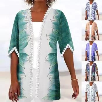 Женская рубашка Блузка Верхняя одежда с принтом и рукавами до половины длины Повседневные праздничные базовые кружевные топы L фиолетовый