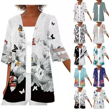 Женская рубашка Блузка Верхняя одежда с принтом и рукавами до половины длины Повседневные праздничные базовые кружевные топы L чёрный