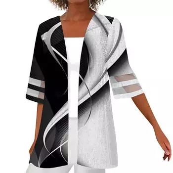 Женская рубашка Блузка Верхняя одежда с принтом и рукавами до половины длины Повседневные праздничные базовые кружевные топы S синий