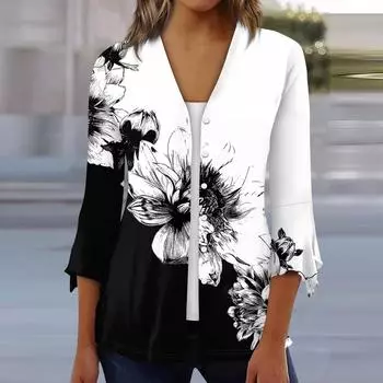 Женская рубашка, блузка, верхняя одежда с принтом, рукав 3/4, повседневные праздничные базовые топы на пуговицах XXL чёрный