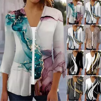 Женская рубашка, блузка, верхняя одежда с принтом, рукав 3/4, повседневные праздничные базовые топы на пуговицах XXL чёрный