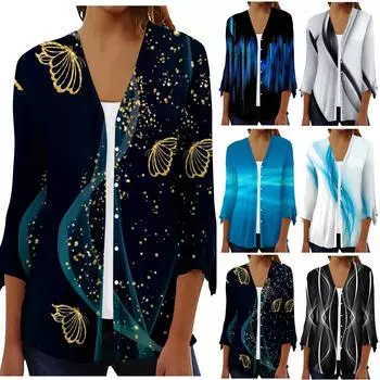 Женская рубашка, блузка, верхняя одежда с принтом, рукав 3/4, повседневные праздничные базовые топы на пуговицах XXL синий