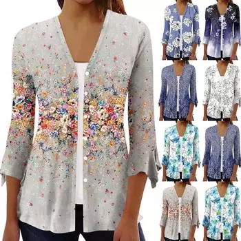 Женская рубашка, блузка, верхняя одежда с принтом, рукав 3/4, повседневные праздничные базовые топы на пуговицах L циан