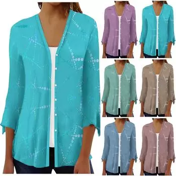 Женская рубашка, блузка, верхняя одежда с принтом, рукав 3/4, повседневные праздничные базовые топы на пуговицах XL фиолетовый