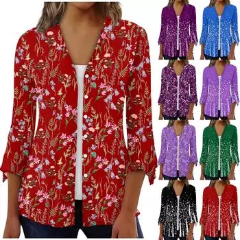 Женская рубашка, блузка, верхняя одежда с принтом, рукав 3/4, повседневные праздничные базовые топы на пуговицах L чёрный