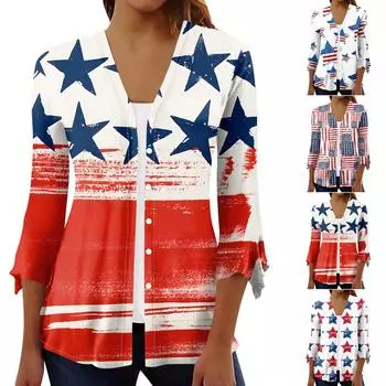 Женская рубашка, блузка, верхняя одежда с принтом, рукав 3/4, повседневные праздничные базовые топы на пуговицах S