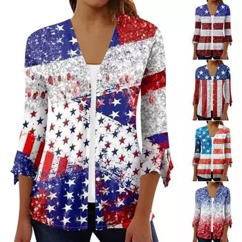 Женская рубашка, блузка, верхняя одежда с принтом, рукав 3/4, повседневные праздничные базовые топы на пуговицах L