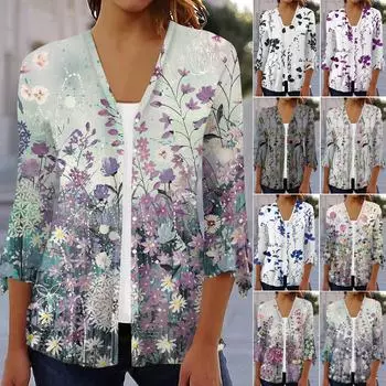 Женская рубашка, блузка, верхняя одежда с принтом, рукав 3/4, повседневные праздничные базовые топы на пуговицах L синий