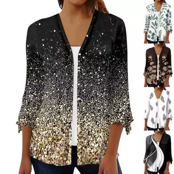 Женская рубашка, блузка, верхняя одежда с принтом, рукав 3/4, повседневные праздничные базовые топы на пуговицах M чёрный