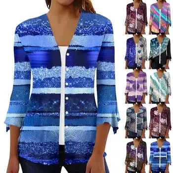 Женская рубашка, блузка, верхняя одежда с принтом, рукав 3/4, повседневные праздничные базовые топы на пуговицах L синий