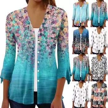 Женская рубашка, блузка, верхняя одежда с принтом, рукав 3/4, повседневные праздничные базовые топы на пуговицах M чёрный