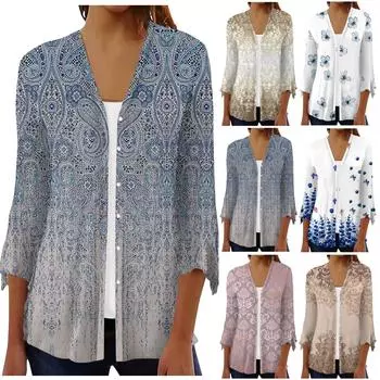 Женская рубашка, блузка, верхняя одежда с принтом, рукав 3/4, повседневные праздничные базовые топы на пуговицах L розовый