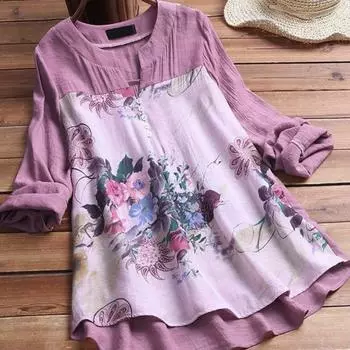 Женская рубашка больших размеров из хлопка и льна, белая блузка в стиле пэчворк, топ с цветочным принтом, женская повседневная свободная женская туника с v-образным вырезом и длинными рукавами XXL хаки