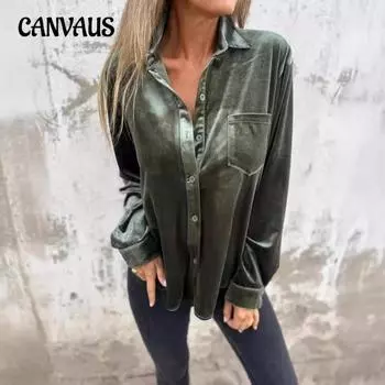 Женская рубашка больших размеров из золотистого бархата на весну и осень, блузка с длинным рукавом и одним рядом пуговиц, свободная рубашка S кофейный