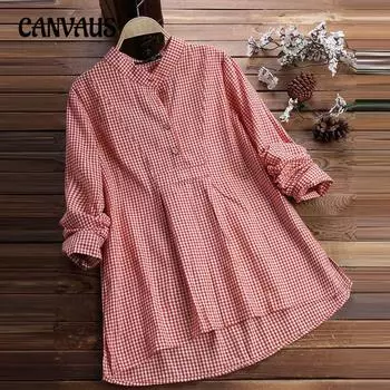 Женская рубашка больших размеров, клетчатая, с воротником-стойкой, с длинным рукавом S красный