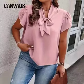 Женская рубашка больших размеров, летняя элегантная однотонная футболка с короткими рукавами и галстуком L розовый