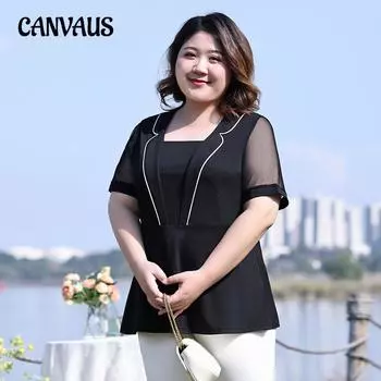Женская рубашка больших размеров, летняя талия, тонкая затененная живота, уменьшающая возраст живота, квадратный вырез, топ с короткими рукавами 2XL чёрный