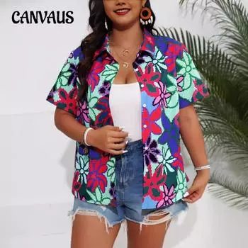 Женская рубашка больших размеров на лето с мягким принтом на пуговицах и короткими рукавами 0XL белый