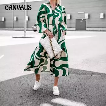 Женская рубашка больших размеров на осень с длинными рукавами и принтом, свободная, повседневная, длинное платье S зелёный