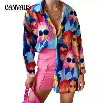 Женская рубашка больших размеров на весну и осень, повседневный топ средней длины с длинным рукавом с принтом S синий