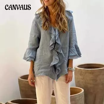 Женская рубашка больших размеров на весну и осень, однотонная, с V-образным вырезом, семью рукавами-крылышками, оборками, одним рядом пуговиц, закругленным подолом S белый