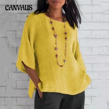 Женская рубашка больших размеров, однотонная, с круглым вырезом, свободный топ