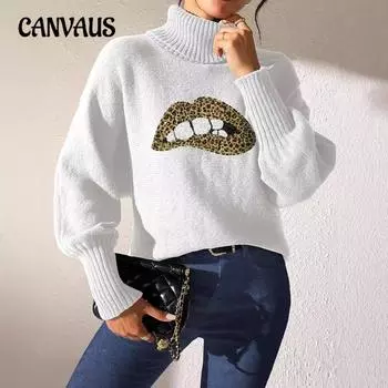 Женская рубашка больших размеров, осенне-зимняя, женская, с вышивкой пайетками, с рисунком губ, сращиванием, водолазка, свитер S чёрный/леопардовый