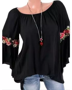 Женская рубашка больших размеров с цветочной вышивкой и рукавами-колокольчиками 1XL чёрный