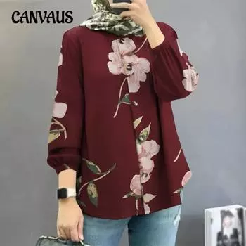 Женская рубашка больших размеров с цветочным принтом и рукавами-фонариками S чёрный