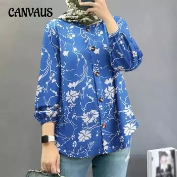 Женская рубашка больших размеров с цветочным принтом и рукавами-фонариками S синий
