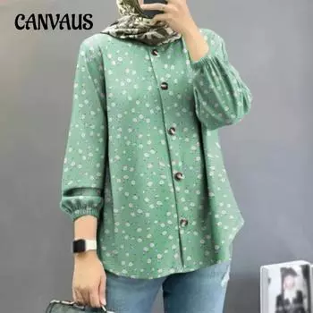 Женская рубашка больших размеров с цветочным принтом и рукавами-фонариками S чёрный