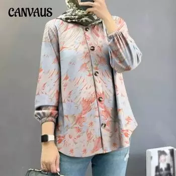 Женская рубашка больших размеров с цветочным принтом и рукавами-фонариками S красный