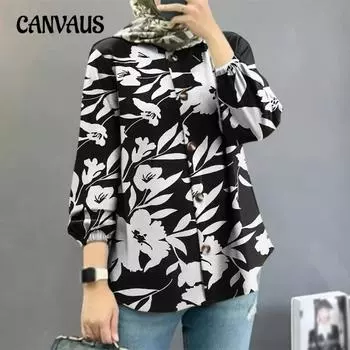 Женская рубашка больших размеров с цветочным принтом и рукавами-фонариками S чёрный