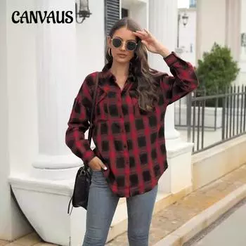 Женская рубашка больших размеров с длинным рукавом в клетку на пуговицах S розовый