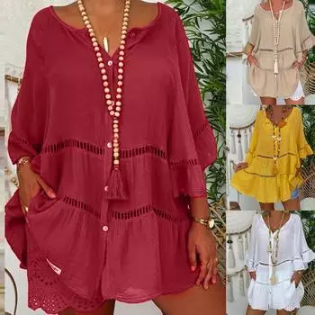 Женская рубашка больших размеров с длинным рукавом, однотонная рубашка с v-образным вырезом на пуговицах, блузка, топ L коричневый