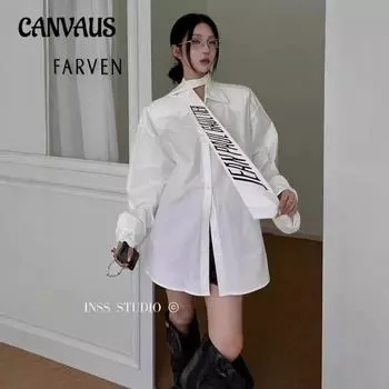 Женская рубашка больших размеров с длинными рукавами и наплечниками, с принтом в виде букв и галстука L белый