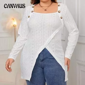 Женская рубашка больших размеров с длинными рукавами, квадратным воротником, ажурным неровным подолом 1XL белый