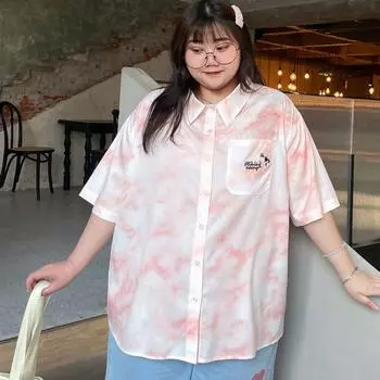 Женская рубашка больших размеров с кавайным принтом, милые блузки с воротником-поло в стиле Харадзюку, большие размеры, корейские повседневные розовые топы, одежда унисекс L розовый