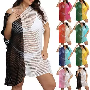 Женская рубашка больших размеров с контрастными цветами и глубоким V-образным вырезом, тканые рубашки, наружные накидки One Size чёрный