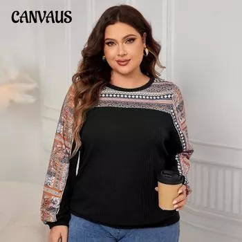 Женская рубашка больших размеров с круглым вырезом и длинными рукавами в стиле пэчворк 1XL чёрный