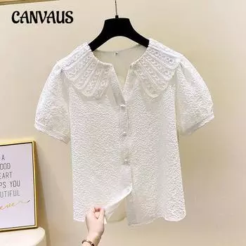 Женская рубашка больших размеров с кукольным воротником и коротким рукавом, летний винтажный жаккардовый топ 4XL абрикосовый