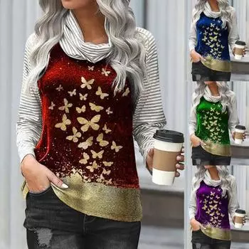 Женская рубашка больших размеров с принтом в полоску, пуловер с высоким воротником и принтом бабочки