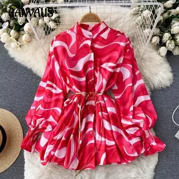 Женская рубашка больших размеров с принтом тай-дай на весну, свободная, с нишевым дизайном, с воротником-стойкой и рукавами-фонариками one size жёлтый