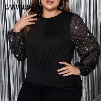 Женская рубашка больших размеров с рукавами-фонариками, круглым вырезом, длинным рукавом, свободная блузка XL чёрный