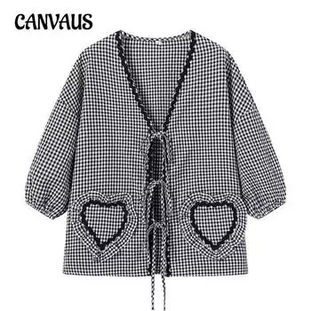 Женская рубашка больших размеров с V-образным вырезом и завязкой, клетчатая рубашка с коротким рукавом Love S красный