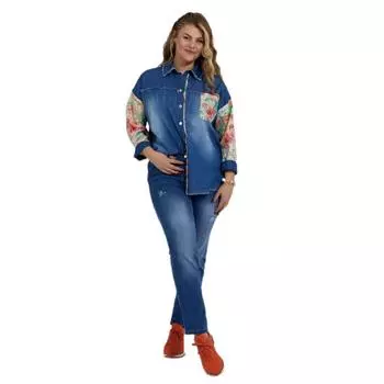 Женская рубашка большого размера Fierte Lm13030 Джинсовая с цветным карманом на рукавах с фестонами