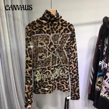 Женская рубашка большого размера Hot Drill Base с высоким воротом и толстым осенним длинным рукавом с леопардовым принтом для похудения L цветной печати леопарда