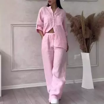 Женская рубашка большого размера на пуговицах, однотонная, размер 5XL + широкие брюки на шнурке, повседневный спортивный комплект из двух предметов S