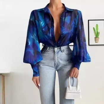 Женская рубашка большого размера с цветочным принтом и широкими манжетами, винтажная рубашка с рукавами и фонариками, женская рубашка M разноцветный